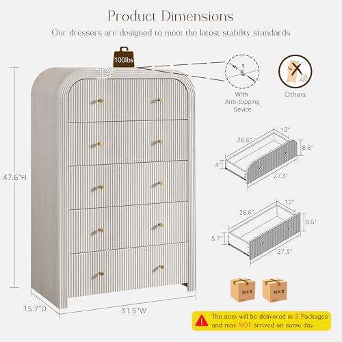T4TREAM Fluted Dresser with 5 Drawers, 48" Tall Modern Chest of Drawers with Thickened Curved Profile Design, Wood Closet Clothes Storage Organizer for Bedroom, Living Room, Hallway, Alder White - color: Alder White, size: 15.7"D x 31.5"W x 47.6"H (5 Draw