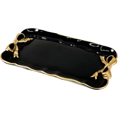 Vintage Decorative Tray Jewelry Tray Towel Tray Storage Tray Rings Necklace Bracelets Earrings Trays Cosmetics Jewelry Organizer Retro Design Bow Decor Resin Plate Coquette Room Decor (Black) - color: Black