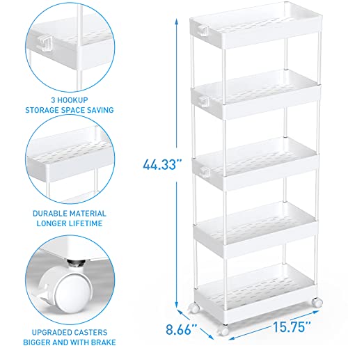 SPACEKEEPER 5-Tier Storage Cart Organizer Rolling Utility Cart, Mobile Shelving Unit Slide Out Storage Shelves for Kitchen Living Room Bathroom Laundry Room & Dressers, White - color: White, size: 5 Tier