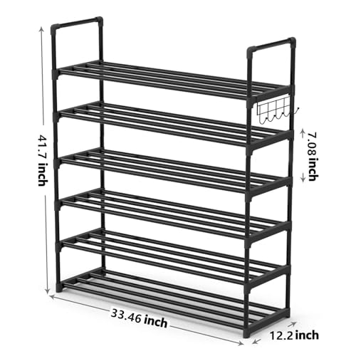 Hsscblet 6 Tiers Metal Shoe Rack,Adjustable Shoe Shelf Storage Organizer with Hooks,Stackable Boot & Shoe Storage,for Entryway,Hallway,Closet,Black - size: 6-Tier
