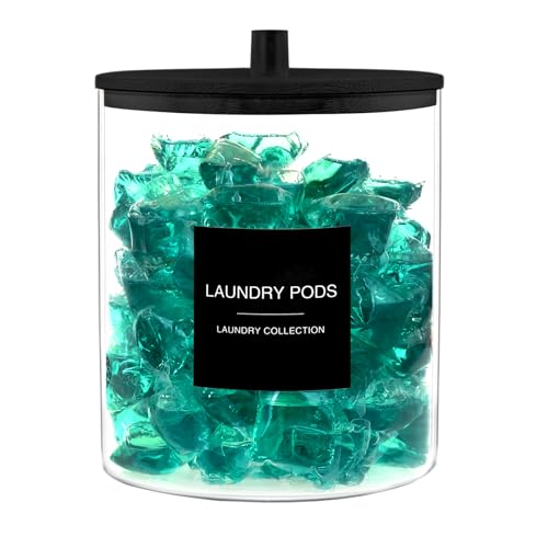 TIPGO Laundry Pods Container with 27 Labels, Glass Jars for Laundry Room Organization, Detergent Holder with Bamboo Lid, Cute Storage Jars, Black (Set of 1)