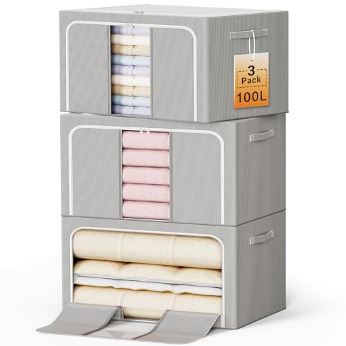 Clothes Storage Bins with Metal Frame Foldable Storage Box Clothes Organizers Storage Containers for Clothes Sheets Blankets Books Toys Gifts and Holiday Decorations (100Lx3 Pack) - color: Light gray, size: 100L(23.6''X16.5"X15.7")