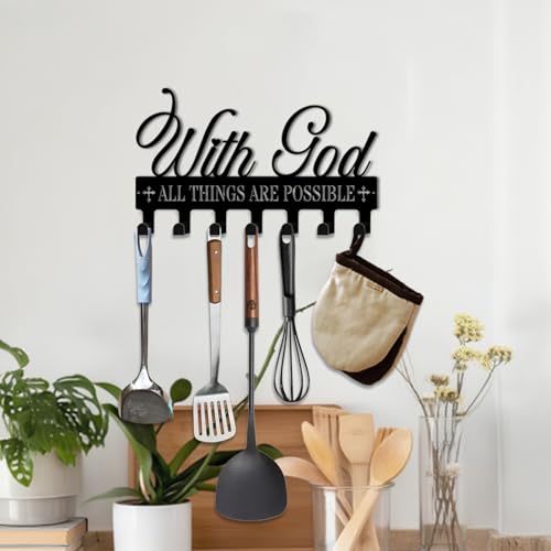 Key Holder Wall Mount, with God All Things are Possible Sign, Key Holder Wall for Wall Decorative with 6 Hooks, Organizer Rack Hanger for Entryway, Front Door, Hallway, Office 9.8 inches - color: With God All Things are Possible