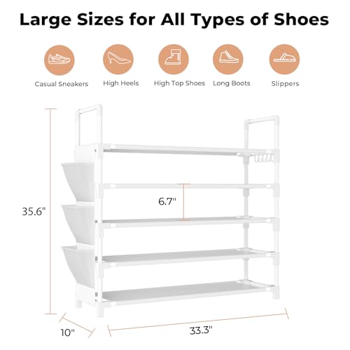 5 Tier Shoe Rack, Shoe Organizer Storage for 20-25 Pair Boot and Sneaker, Stackable Free Standing Shoe Shelf with Hooks and Side Pocket, Space Saving Shoes Rack for Closet, Entryway, White - color: White, size: 33.3"W - 5 Tier