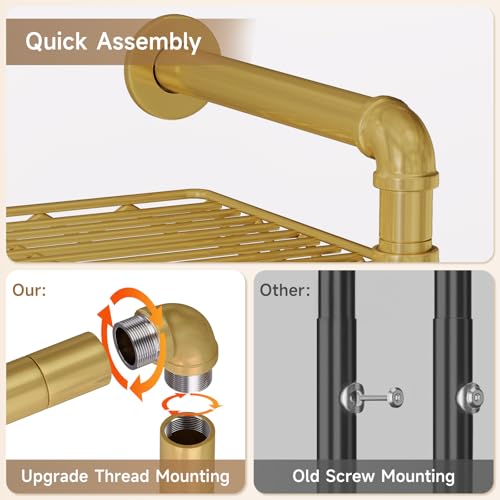 Wall Mounted Garment Rack, Walk-in Closet System with Expandable Rods, Adjustable Shelves, Industrial Pipe Clothing Racks, Hanging Clothes Organizers and Storage, Metal Closet Shelving Wardrobe - color: Gold