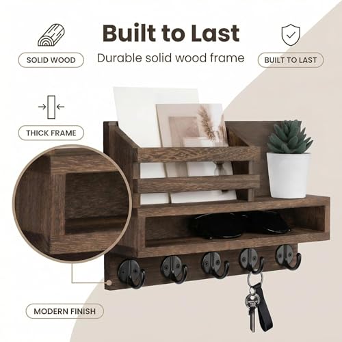 Wall Key Rack - Mail Organizer with 5 Key Hooks, Paulownia Wood, 11.8x7.1 Inches, Apartment Wall Decor, Installation Accessories Included (Brown) - color: Brown