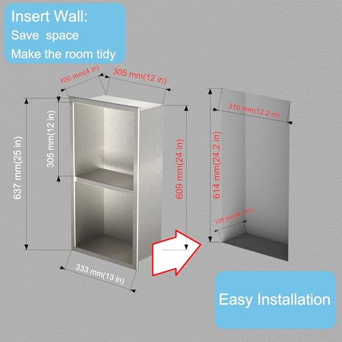 Stainless Steel no Tile Needed Metal Niche,Double Shelves，Stainless Steel Finished Shower Insert Wall Niche(Brush, 24 * 12 in) - color: Brush, size: 24 * 12 in
