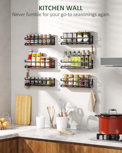 Doakhirmit 4 Pack Wall Mount Spice Rack with 16 Hooks,Hanging Spice Rack Organizer for Stove Cabinet Pantry Door, Screw or Adhesive Wooden Spice Shelf for Kitchen and RV Camper, Black - size: 4 Pack