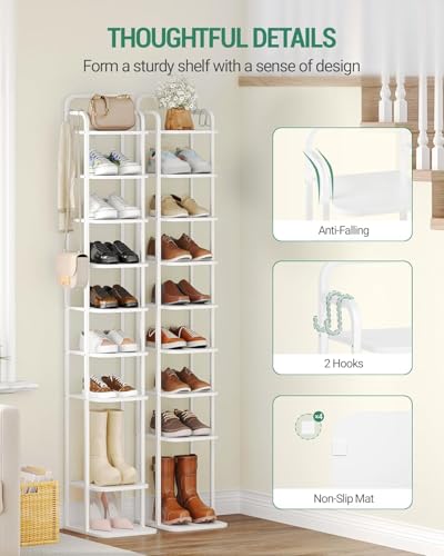 Hzuaneri 10 Tiers Vertical Shoe Rack, Narrow Shoe Tower, Tall Shoes Shelf with 2 Hooks, Adjustable Shelves, Corner Shoes Shelves for Small Spaces, Entryway, Living Room, White SR11213W - color: White, size: 10 Tier(11.8"D x 10.4"W x 67.3"H)