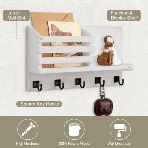 Key Holder Wall Mount, Mail Organizer for Wall with 5 Square Rustic Key Hooks Key Shelf Farmhouse Home Decor for Entryway - color: Whitewash