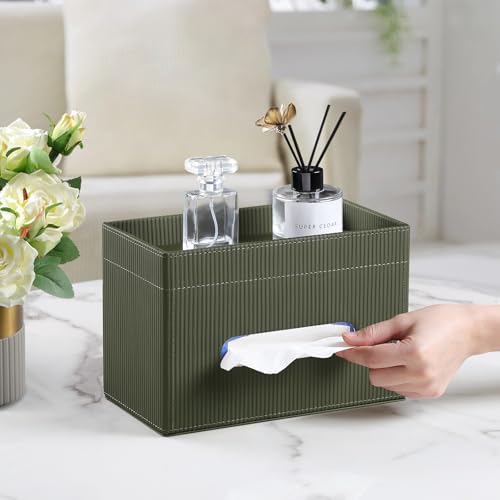 Rectangular Tissue Box Cover with Storage Tray, PU Leather Tissue Box Holder for Bathroom Vanity Countertop Night Stands Bedroom Office Desk, Stylish Tissue Holder Decorative Organizer (Green) - color: Green