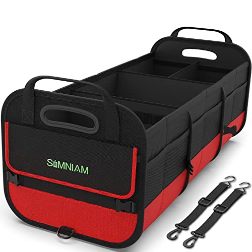 Simniam Large Trunk Organizer for Car, Foldable Multi Compartment Car Trunk Organizer with 2 Retractable Straps, Suitable for All Kinds of Cars, SUV, Minivan - 4 Compartments Red - color: Red, size: Medium