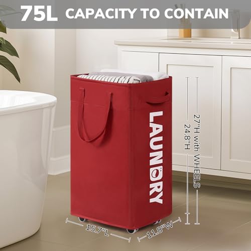 Goodpick Laundry Basket with Wheels,75L Large Roolling Laundry Basket with Removable Wash Bag, Clothes Hamper with Wheels for Laundry Room, Red - color: Red 1-Pack