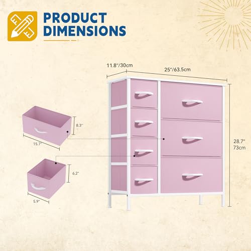 DWVO Dresser for Bedroom, 7 Drawers Fabric Dresser, Organizer Unit for Living Room, Hallway, Closets - Sturdy Steel Frame, Wooden Top & Easy Pull Fabric Bins, Pink - color: Pink, style: 7-Drawer