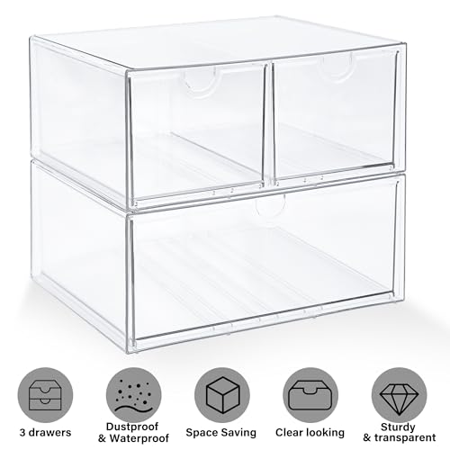 Prsildan Acrylic Drawer Makeup Organizer with 3 Drawers, Clear Stackable Storage for Baby Bottles, Craft, Jewelry & Hair Accessories, Multi-Use for Vanity, Countertop, Office Desk Organization - style: 3 Drawers