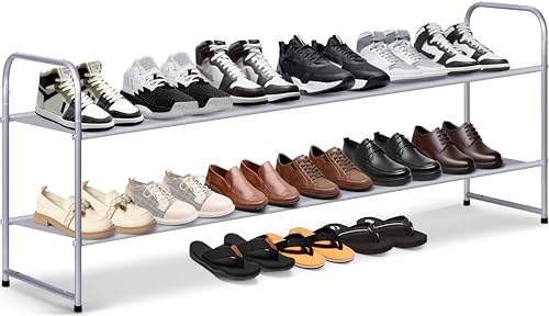 MISSLO 2 Tier Long Shoe Rack for Closet Shoe Organizer Holds 18-Pairs, Wide Low Stackable Shoe Storage Shelf for Bedroom Floor, Men Boots, Women Heels, Kids Sneakers (Grey) - color: Grey, size: 2 Tier