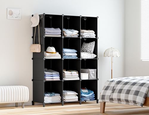 Closet Organizers and Storage, 12 Cube Storage Organizer, Portable Closet Organization Clothes Shelves for Kids, Closet, Bedroom, Bathroom, Office, Black - color: Black