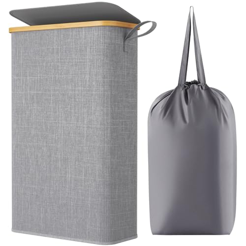 Lifewit 65L Slim Laundry Hamper with Lid, Narrow Laundry Basket with Removable Bag & Bamboo Handles, Fodable Thin Dirty Clothes Hamper for Laundry Collapsible Bin for Bathroom Bedroom Dorm, Gray - color: Gray, size: 65L