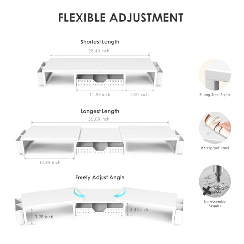 OPNICE Desk Organizers and Accessories, Dual Monitor Stand Riser with Drawer and 2 Pen Holders, Desk Shelf Metal Computer Racks for Office Workspace Organizers, Desktop Organization (White Metal) - color: White Metal, size: With drawer and pen holder