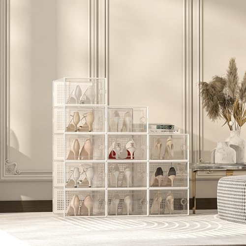 Kuject X-Large Shoe Storage Boxes Organizers Clear Plastic Stackable 12 Pack, Shoe Rack & Holder Substitute, Sneaker Containers, Toy Storage Organizer Bins for Entryway, Closet, Under Bed, White - color: White, size: X-Large