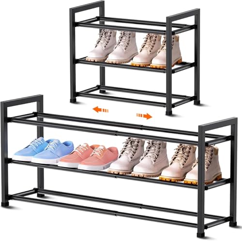 Bumusty 3-Tier Expandable Shoe Rack for Closet, 18“-33” Adjustable Shoe Rack for Small Space, Small Shoe Organizer for Front Door, Sturdy Metal, Black - color: Black, size: 3-Tier