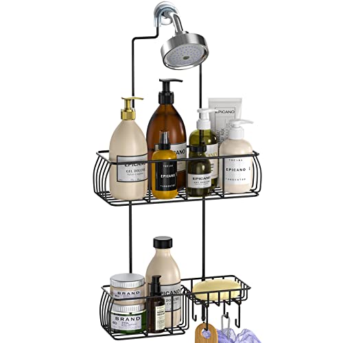 Epicano Shower Caddy Hanging, Anti-Swing Over Head Shower Caddy Rustproof with Hooks for Towels, Sponge and More, Matte Black - color: Matte Black