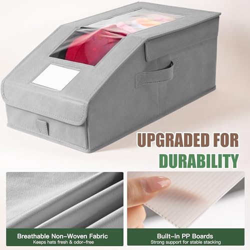 Hat Organizer for Baseball Caps, 2 Pack Stackable Hat Storage Boxes with Clear Window, Holds up to 28 Caps, Foldable Hat Organizer for Closet & Shelf, Grey