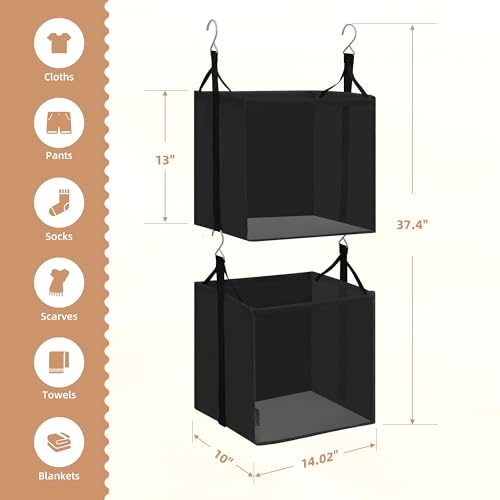 STORAGE MANIAC 2-Shelf Hanging Closet Organizer, Cloth Hanging Closet Shelf, Hanging Closets Baskets with Hooks for Dorm, Apt, Bedroom, College, Garment Rack, Wardrobe, Fabric with Mesh, Black - style: Black