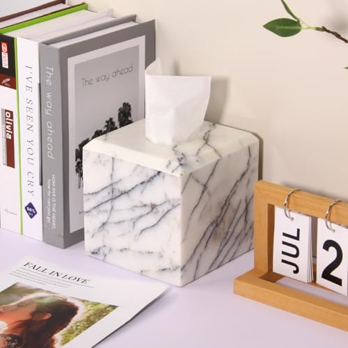 Natural Marble Square Tissue Box Cover,Stone Modern Decorative Sturdy Napkin Box Holder Case,Facial Paper Organizer for Bathroom Vanity Toilet Countertop,Kitchen (1, Lilac, 5.71 * 5.71 * 5.51) - color: Lilac