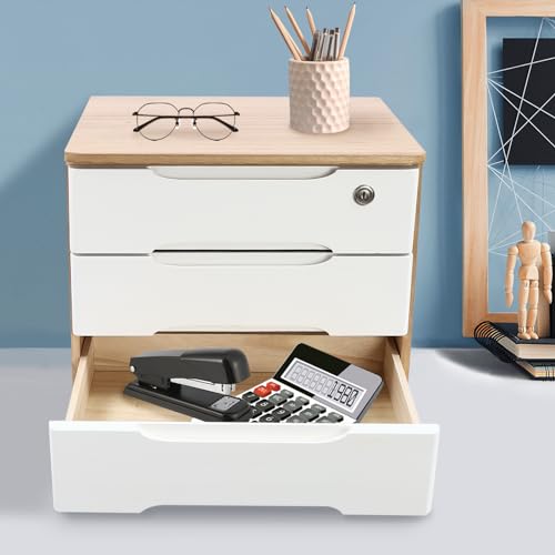 3-Tier Desk Organizer with Lockable Drawers,1 Locks & 2 Keys, Categorized Storage Desktop File Cabinet,Wooden Desktop Storage Box (Wood Color, White) - color: Wood Color/White-3 Tiers