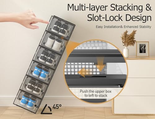 12 Pack Large Shoe Storage Boxes Organizers, Shoe Boxes Clear Plastic Stackable Shoe Containers with Lids, Foldable Space-Saving Storage Bins Shoe Cabinet, Fit up to Men's US 9/Women's US 10, Black - color: Black, size: 12 Pack-L