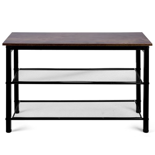 3-Tier Shoe Rack Bench, Hardwood & Alloy Steal Entryway Storage Organizer for Front Door Entrance, Bedroom, Living Room, 300lb Capacity (3-Tier Shoe Bench (Metal Mesh)) - size: 3-Tier Shoe Bench (Metal Mesh)