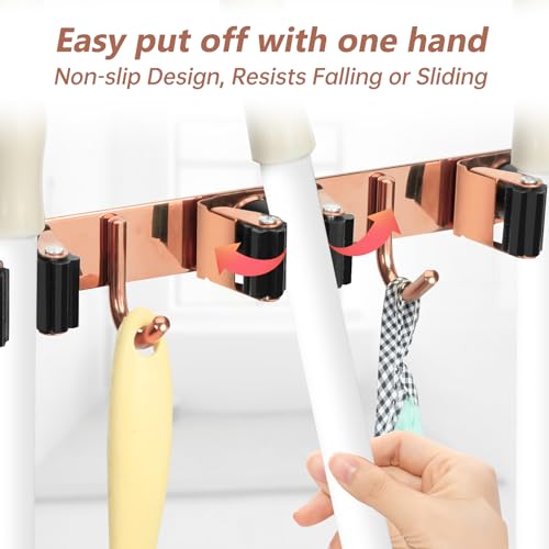 3 Racks and 4 Heavy Duty Hooks Mop and Broom Holder Wall Mount, Stainless Steel Broom Organizer Storage Utility Tool Racks for Home, Kitchen, Garage, Laundry Room. Rose Gold - color: Rose Gold
