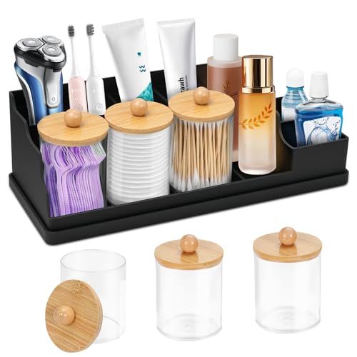 Bathroom Counter Organizer, Black Silicone Toothbrush Holders for Bathrooms Organizer Countertop with 3PCS Qtip Holder, Toothbrush and Toothpaste Holder for Bathroom Organization Storage Vanity - color: Black With 3pcs Dispenser