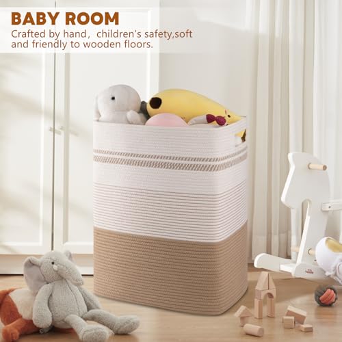 80L Large Cotton Rope Laundry Basket for Bedroom & Laundry Room, Tall Clothes Hamper with Sturdy Handles, Neutral Storage Bin Capable of Holding Blankets and Toys - color: Jute & White, size: 80L