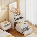 Gurexl Small Fluted Vanity Desk with Mirror and Lights, 3-in-1 Compact Makeup Vanity Set with Hidden Storage Stool, Mini Dressing Table with 3 Drawers, for Girls (White) - color: White-led