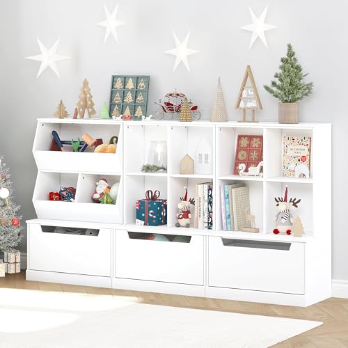 UTEX Kids Toy Storage Organizer, Bookshelf for Kids and Bookcase with Drawer, Children Open Storage Cubby for Playroom Nursery White