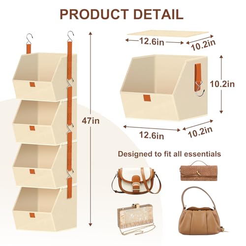 MSJGA 4-Tier Hanging Closet Organizer and Storage with Detachable Bins, Fabric Hanging Shelves for Closet, Dorm, Rv, Space-Saving Collapsible Basket for Handbags, Clothes (47” H)