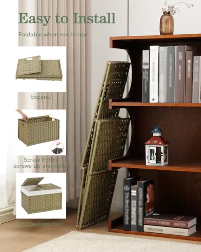 SETVSON Storage Basket with Lid Rattan Woven Storage Baskets with 2 Separate Lids, 17.2 Gallon (65 L), Wicker Storage Bins Foldable, 2 Removable Liner Bags Handles for Bedroom, Laundry Room Green - color: Green, size: 65L-22L*13W*13.8H