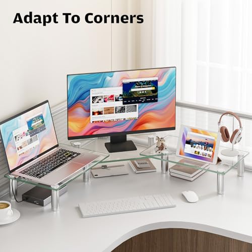 Hemudu Dual Monitor Stand -Adjustable Length and Angle Dual Monitor Riser, Desktop Organizer for PC, Computer, Laptop (Clear)