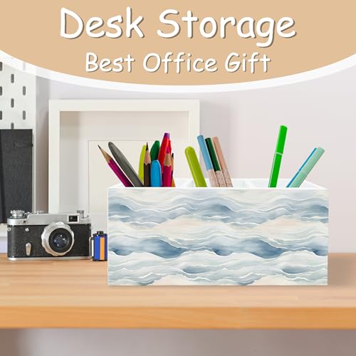 Ocean Waves Beach Pen Pencil Holder Organizer for Desk, Watercolor Coastal Beach Wooden Box Block Sign for Home Office Tabletop Decor - color: Wave