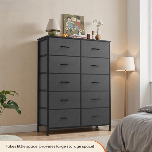Sweetcrispy 10 Drawer Dresser, Tall Fabric Dresser for Bedroom, Storage Tower with Bins Chest Organizer Unit for Closet, Hallway, Steel Frame Wood Top, Easy Pull Handle, Grey - color: Grey