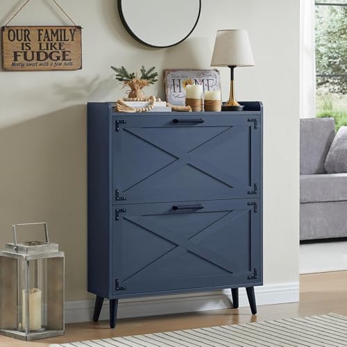 Barnyatoh Shoe Storage Cabinet,Farmhouse Shoe Organizer with 2 Flip Drawers & Barn Door Design,Freestanding Hidden Slim Narrow Shoe Rack Cabinet for Entryway,Foyer,Hallway,Navy Blue - color: Navy Blue, size: 2-Drawers