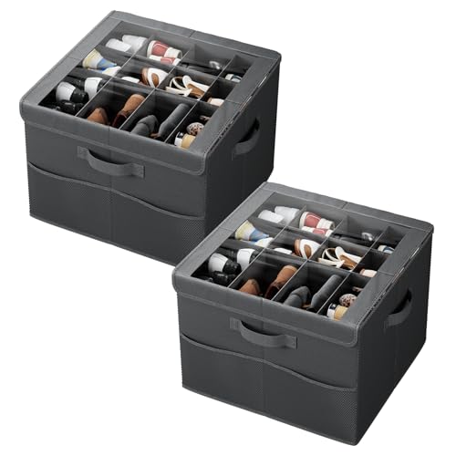 PHINOX Shoe Organizer for Closet, Fits 12-24 Pairs, Shoe Storage Bins with Clear Cover and Reinforced Handles, Foldable Shoe Storage Organizer, Space Saving Shoe Holder for Wardrobe, 2 Pack Black - color: Black, size: 2 Pack-17''L x 17''W x 12.5'' H