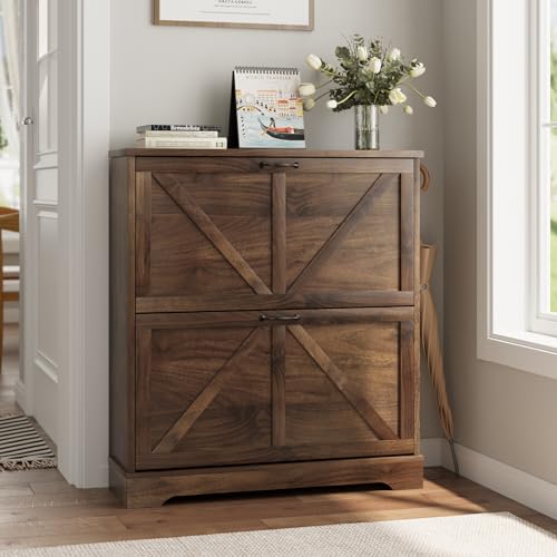 Smart FENDEE Shoe Cabinet, Shoe Storage Cabinet for Entryway with 2 Flip Drawers, Narrow Farmhouse Shoe Organizer Cabinet, Slim Shoe Rack Cabinet, 31.5in Walnut - color: Walnut, size: Width - 31.5 inches