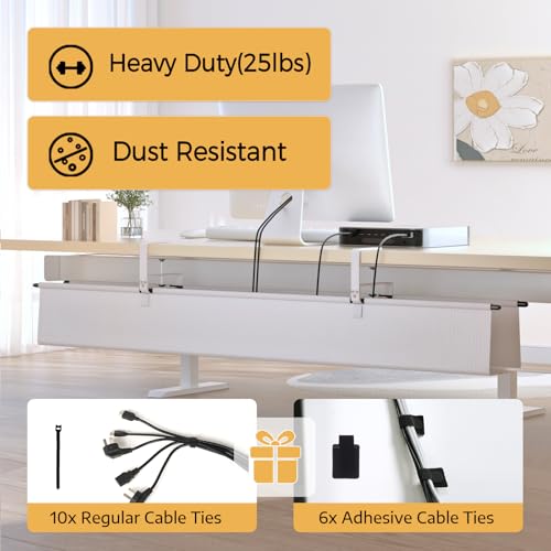 Under Desk Cable Management Tray - 48" Cord Organizer for Desk No Drill, Fabric Under Table Wire Organizer with 16X Cable Ties Hide for Office/Home, Cord Hider Fits Adapters & Sockets, White - color: White, size: 48'' L