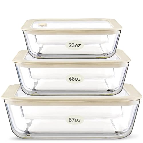 Urban Green Glass Food Container Set with Silicone Glass Lid, 3 Pack, Airtight, LeakProof, 100% Plastic Free, Meal Prep Containers (White Color) - color: White Sand-RT