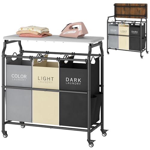 Hoctieon 3 Section Laundry Sorter Cart with Ironing Board, Laundry Hamper Basket with Shelf and Wheels, Heavy Duty Clothes Organizer, Large Clothes Separator with Removable Bags, Black+Gray+Beige - color: Black+gray+beige