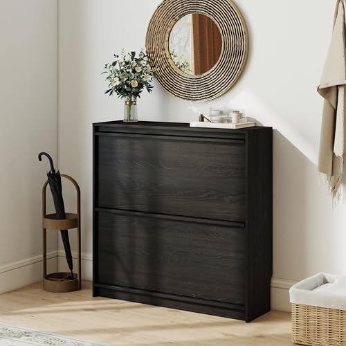 Shoe Cabinet with 2 Flip Drawers, Modern Narrow Shoe Storage Cabinet Organizer with Adjustable Shelf, Hidden Freestanding Shoe Rack for Entryway, Hallway, Living Room, Black - color: Black, size: 9.45"D x 31.5"W x 31.5"H(2 drawers)