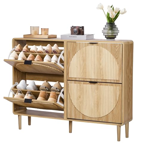 Turtle&Myrtle Narrow Fluted Shoe Cabinet for Entryway, Slim Hidden Shoe Rack, Wooden Freestanding Shoe Storage Organizer with 4 Flip Drawers, Hallway, Living Room, Foyer (Natural) - color: Natural-4 Flip Drawers